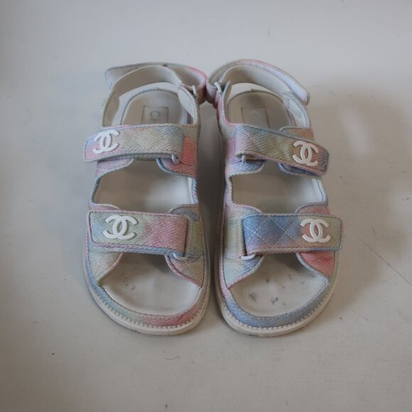 Women Chanel Rainbow Printed Fabric Quilted Interlocked CC Dad Sandals 37 US/6 - Picture 4 of 16